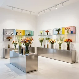 flower retail store, minimal, stainless steel and color glass, frame magazine, archidaily, bright light enviroment, contemporary art and sculpture of flower, damien hirst, trending on artstation, octane rendering, like gallery