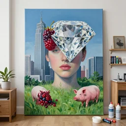 “ a portrait in an art student ’ s apartment, a berry and a big diamond, skyscraper, pork, pigs, weeds, white wax, squashed berries, acrylic and spray paint and oilstick on canvas, surrealism, neoexpressionism ”