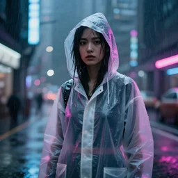 woman in plastic raincoat with hood, rain, cyberpunk, futuristic city, hyper realistic, neon, rendered in octane, 8k