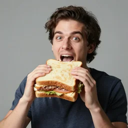 realistic studio portrait photo, model eating an absolutely giant sandwich, mouth wide open