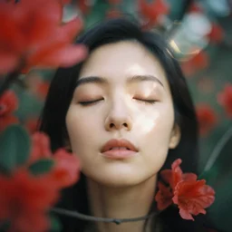 An analog head and shoulder face photography of a woman behind red flowers and leaves by Alex Prager. closed eyes. Kodak Portra 800 film. Depth of field. whirl bokeh. Sunshine. detailed. hq. realistic. warm light. muted colors. Moody. Filmic. Dreamy. lens flare. Leica M9, f/1.2, symmetrical balance, in-frame
