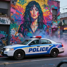 a police car covered in graffiti by mia brownell, art by anna hotchkis, antonio saura, very detailed, maximalism, ambient occlusion, volumetric light, atmospheric haze, hyper realism, futuristic but colorful shading, cinematic composition, realistic render, photography, wide shot