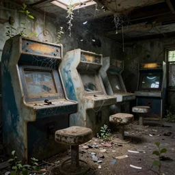abandoned arcade covered by cobwebs and dust, dust particles, vegetation, birds, hyperdetailed, artstation, cgsociety, 8 k