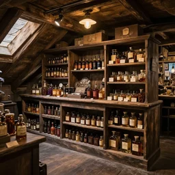 a photo of a store in an attic, selling potions