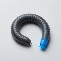 studio photograph of a matte dark gray worm with a neon blue head and tail