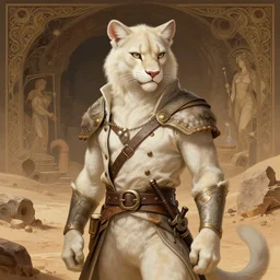 A full commission of a male Furry Anthro albino mountain lion Fursona wearing miner's clothes in a desert mine, intricate, elegant, highly detailed, digital painting, artstation, concept art, smooth, sharp focus, illustration, art by Krenz Cushart and Artem Demura and alphonse mucha