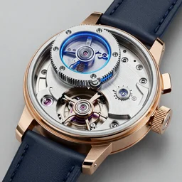 a steampunk Jaquet Droz Skelet-One Tourbillon Only Watch reverse workings, highly detailed illustration highlights, gold and silver highlights, neon blue highlights, macro photography, F/2.8, trending on artstation, octane render
