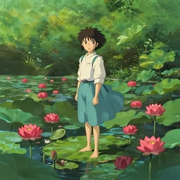 a girl standing inside a botanical garden filled with water and red lotus by Hayao Miyazaki by Anna Dittmannand, by hayao miyazaki, digital art. surreal. trending on artstation. anime arts. featured on Pixiv, HD, 8K, highly detailed, good lighting. beautiful. epic.