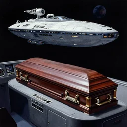 a hyper - detailed kodachrome photo of an open casket sitting behind the console of a spaceship floating in space painted by wayne d barlowe