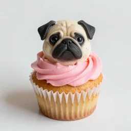 a photo of a pink frosted cupcake that looks like a pug