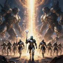 Science fantasy battle digital art, astro knight leading charge against giants