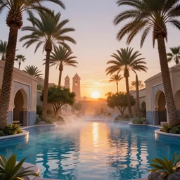 beautiful hotsprings surrounded by palm trees, moroccan tile archways, date trees, ivory towers, sun setting, ross tran, nephilim, pyroclastic flow, ethereal, fantasy, james jean, oozium, peter morbacher, angelarium, alchemy, luxury, heavenly light, soft illumination, trending on artstation, cinematic lighting, digital painting, octane render, artgerm
