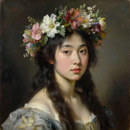 portrait of a korean girl wearing a crown of flowers, by jacques - louis david, by greg rutkowski, by zdzisław beksinski, by josep tapiro baro, trending on artstation, featured on pixiv, masterpiece, oil on canvas, cinematic composition, dynamic beautiful lighting,