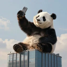 Panda taking a selfie on top of a skyscraper