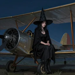 biplane at night, airplane, a witch sitting on biplane wing, medium shot, digital painting, highly detailed, sharp focus, beautiful face, by luis royo and tom bagshaw and artgerm