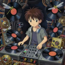 surreal gouache painting, by yoshitaka amano, by ruan jia, by Conrad roset, by good smile company, detailed anime 3d render of a Magical flying Vinyl records , DJ Mixer, deck   surrounded by Dragonfly,flying Vinyl records, controller, portrait, cgsociety, artstation, rococo mechanical and Digital  and electronic, dieselpunk atmosphere