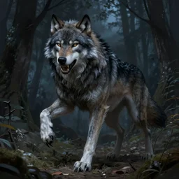 full figure beautiful young fit antrophomorphic male wolf, bared teeth and long claws, frozen scene, by greg rutkowski and alphonse mucha, d & d character, gradient black to silver, in a forest at night, highly detailed portrait, digital painting, artstation, concept art, smooth, sharp focus illustration, artstation hq