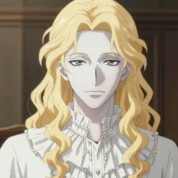 Close-up a pale blond male villain wearing a poet shirt with many frills and pearls, by krenz cushart and makoto shinkai. Long curly light blond hair. Very very very pale white skin and golden blond hair. Accurately shaped. A very clean image.