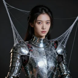 a woman armour made out of spider silk by ruan jia, full portrait