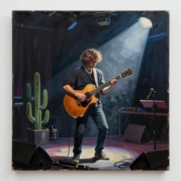 a painting of a cactus playing a guitar on stage in the spotlight in a smoky night club