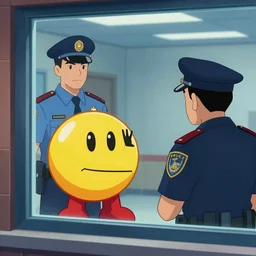 pac - man being interrogated by the police, view from one - sided glass