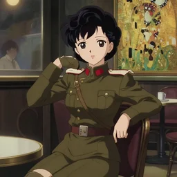 anime visual, portrait of women like reol from a distance wearing a retro military uniform sitting in a retro cafe, at night, cute face by yoh yoshinari, alphonse mucha, dynamic perspective pose, rounded eyes, moody, psycho pass, kyoani, gustav klimt, cel shade, ilya kuvshinov