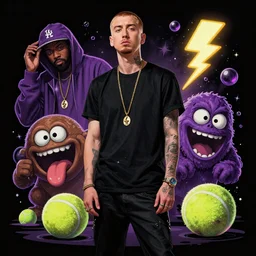 a Eminem, marshal Mathers, slim shady tennis ball monster, tennis ball, lightning, chalk, digital art, fantasy, magic, trending on artstation, ultra detailed, professional illustration by Basil Gogos