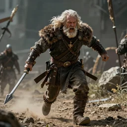 a very old barbarian lord running in total rage in the new dungeons & dragons style movie
