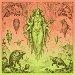 floating creatures the ancient gods fantasycore landscape, Precise and Intricate Linework, Art Nouveau Cosmic 4k Detailed Matte Illustration trending on 500px ,CGSociety, Salmon and Chartreuse color scheme, Pastiche by Dave Gibbons, Pastiche by Carla Wyzgala