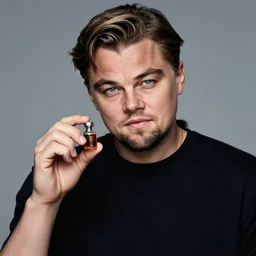 detailed studio portrait of leonardo dicaprio holding tiny jar of tincture. watching ar camera. studio light, polished look, solid background, ad, fashion photography, by pierpaolo ferrari and maurizio cattelan, 3 5 mm photograph, david lachapelle, canon eos c 3 0 0, 8 k