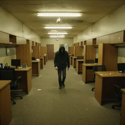 Liminal space with a creepy mannequin stalking you, the backrooms, office/thrift store/social hall, carpet, abandoned, poor fluorescent lighting, yellow tint, security camera footage, low resolution