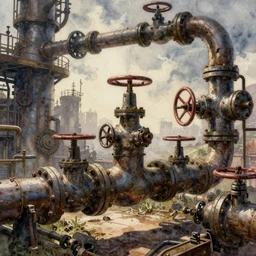 steampunk scene of pipes valves watercolor