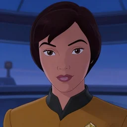a disney film still of a female star trek officer, finely detailed features, closeup of the face, perfect art, dusk, blue hour, on the bridge of the enterprise, gapmoe yandere grimdark, trending on pixiv fanbox, painted by greg rutkowski makoto shinkai takashi takeuchi greg rutkowski, alphonse mucha, akihiko yoshida
