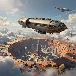 An epic fantasy comic book style landscape painting of a fantasy steampunk airship flying through the clouds towards a city built within a crater, unreal 5, DAZ, hyperrealistic, octane render, dynamic lighting