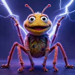 a high quality photo of a strange insectoid muppet god with furry fuzzy body and many segmented legs and hypnotic eyes, lightning in the background, absurdist fantasy, sharp focus, vibrant, vivid, symmetry, highly detailed, cinematic, intricate lines, concept art by giger, lisa frank, emil melmoth, alex grey