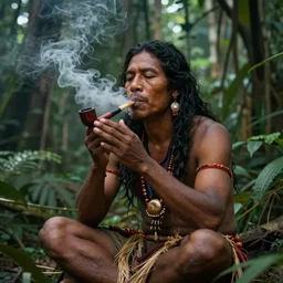 a beautiful portrait of an indigenous man sitting in the jungle, surrounded by smoke, smoking a pipe, praying with tobacco, mysterious atmosphere, fantasy art, matte painting, highly detailed