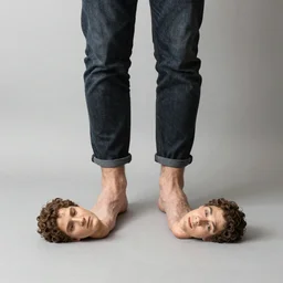 A man with a foot for a head and heads for feet