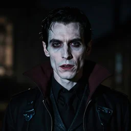night portrait of a forty two year old british dead man vampire with slim features pale feeling confidant f / 1. 4 hdr