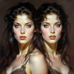 frontal portrait of female adult twins in the apocalypse, by frank frazetta.