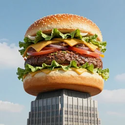 The biggest burger in the world standing on top of the skyscraper, photograph