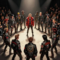 punk rock hardcore mohawks spikes leather jackets patches in a circle pit for a fashion show illustrated by moebius