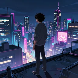 a curly - haired persian guy standing on a rooftop looking at a cyberpunk city by moebius and makoto shinkai, highly detailed, neon lights, trending on artstation