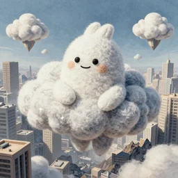 A Mumintroll character in shape of wool felting amazing clouds, illustration by Beeple, background with flying mountains and endless brutalism buildings, 8k resolution, ultra detailed, matte painting, tarot card style, character design, watercolor detailed art