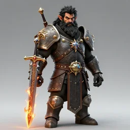 strong young man, photorealistic bugbear ranger, black beard, dungeons and dragons, pathfinder, roleplaying game art, hunters gear, flaming sword, jeweled ornate leather armour, concept art, character design on white background, by studio ghibli, makoto shinkai, kim jung giu, poster art, game art