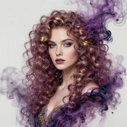 beautiful priestess with curly mauve gilded hair, ink smoke swirling fluid, vibrant, artgerm, photorealism, portrait