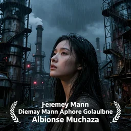 an asian woman, beautiful face, innocent look, in abandoned industrial city with towering factories, fire escapes, scaffolding, smokestacks, and distant red lights at night in the rain, dark moody lighting, post - apocalyptic, desolate, by jeremy mann and alphonse mucha, dramatic lighting, ethereal, stunning, breathtaking, awe - inspiring award - winning, 8 k