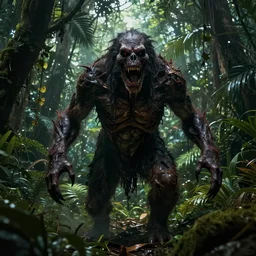 terrific monster in middle of jungle, horror, dark atmosphere, harsh lighting, cinematic lighting, scary, award wining art, artstation, high details, concept art, 4 k
