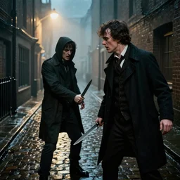 jack the ripper threatening Sherlock holmes with a knife, full bodies shown, in a wet cobblestone alley, hyperdetailed, lights down the street, cinematic, light mist, photorealistic, scary, intense,