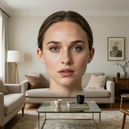 a living room arrangement that resembles Natalie portman's face, optical illusion, photograph 110mm lens Canon