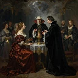 baroque vampire ceremony, in the style of Ilya Repin, volumetric light, dramatic lighting, smoky